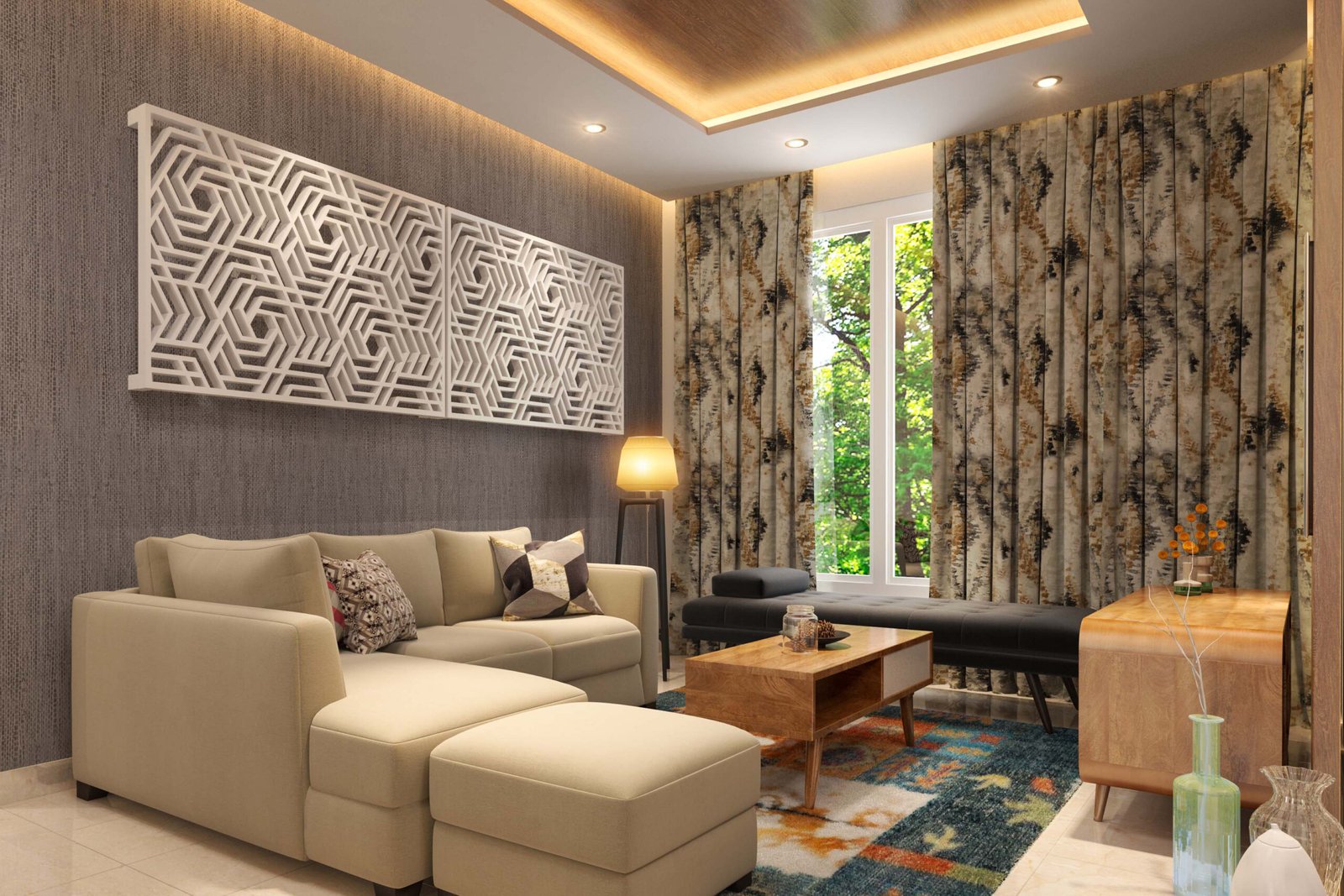 Modern Living Room Design with Grey L-Shaped Sofa