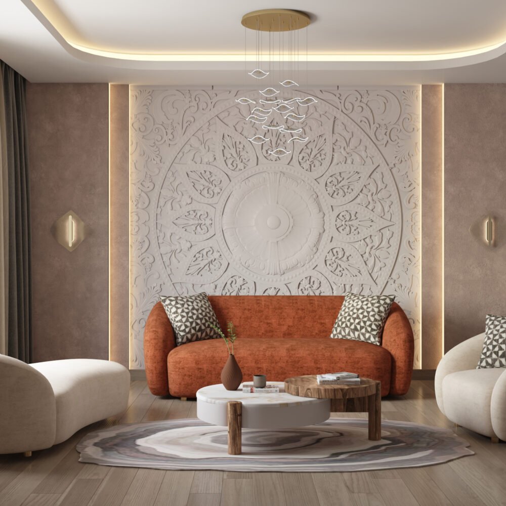 Modern Living Room Design With Burnt Terracotta Orange Sofa