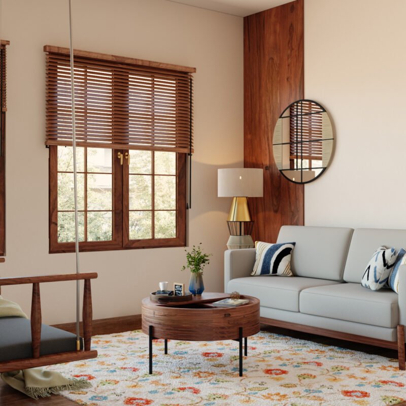 Contemporary Living Room Design with a Swing and Wooden Accents