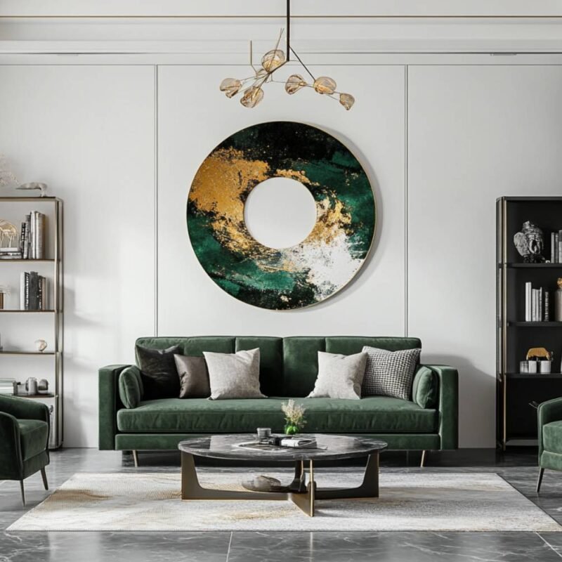 Modern Living Room Design with Green Sofa and Marble Table