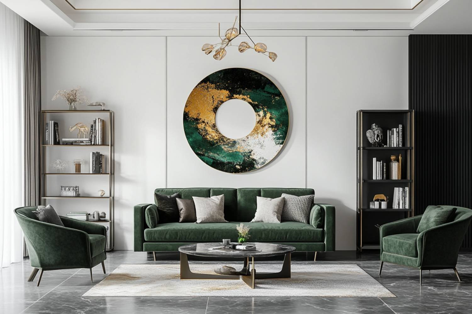 Modern Living Room Design with Green Sofa and Marble Table