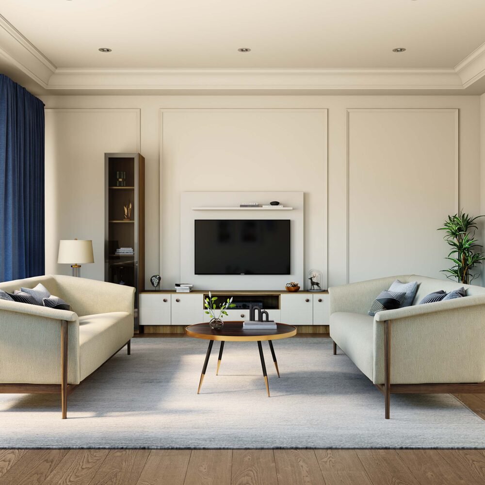 Contemporary Living Room Design with White Sofas and Black Coffee Table