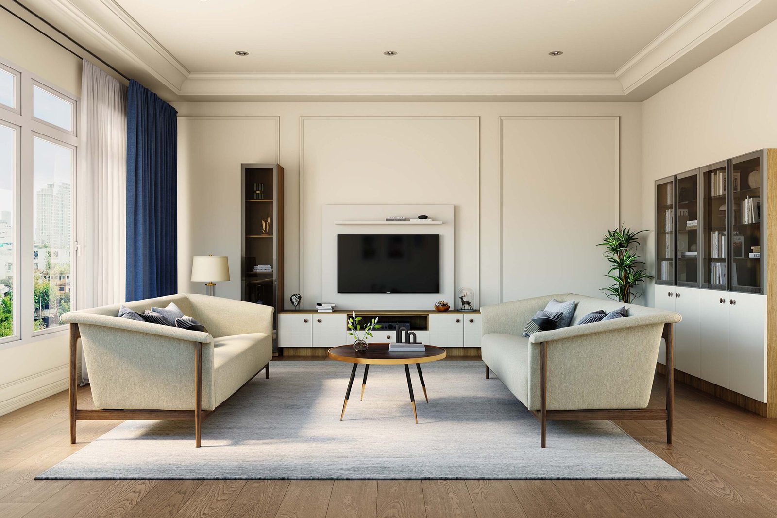 Contemporary Living Room Design with White Sofas and Black Coffee Table