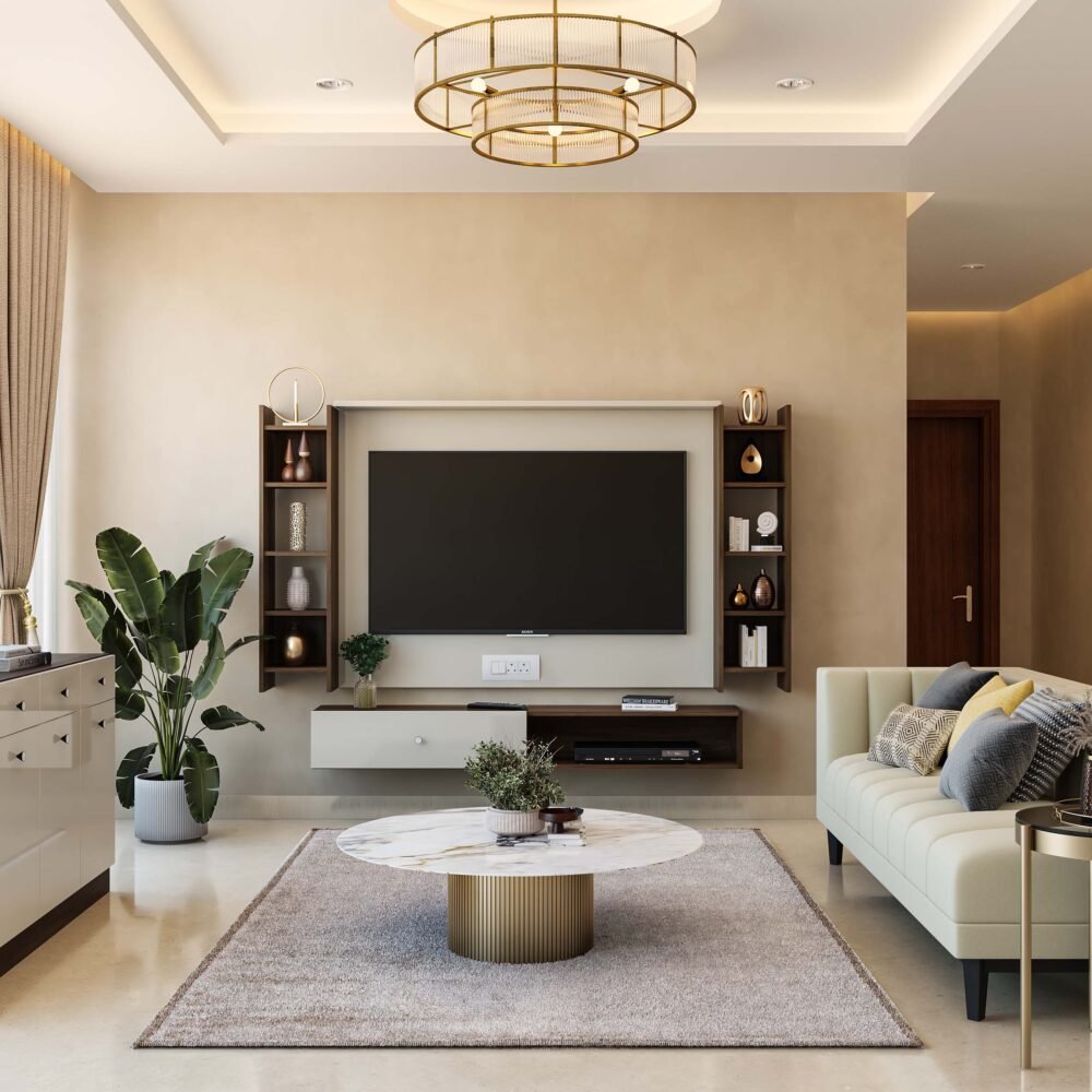 Contemporary Living Room Design with Beige Sofa and Round Coffee Table