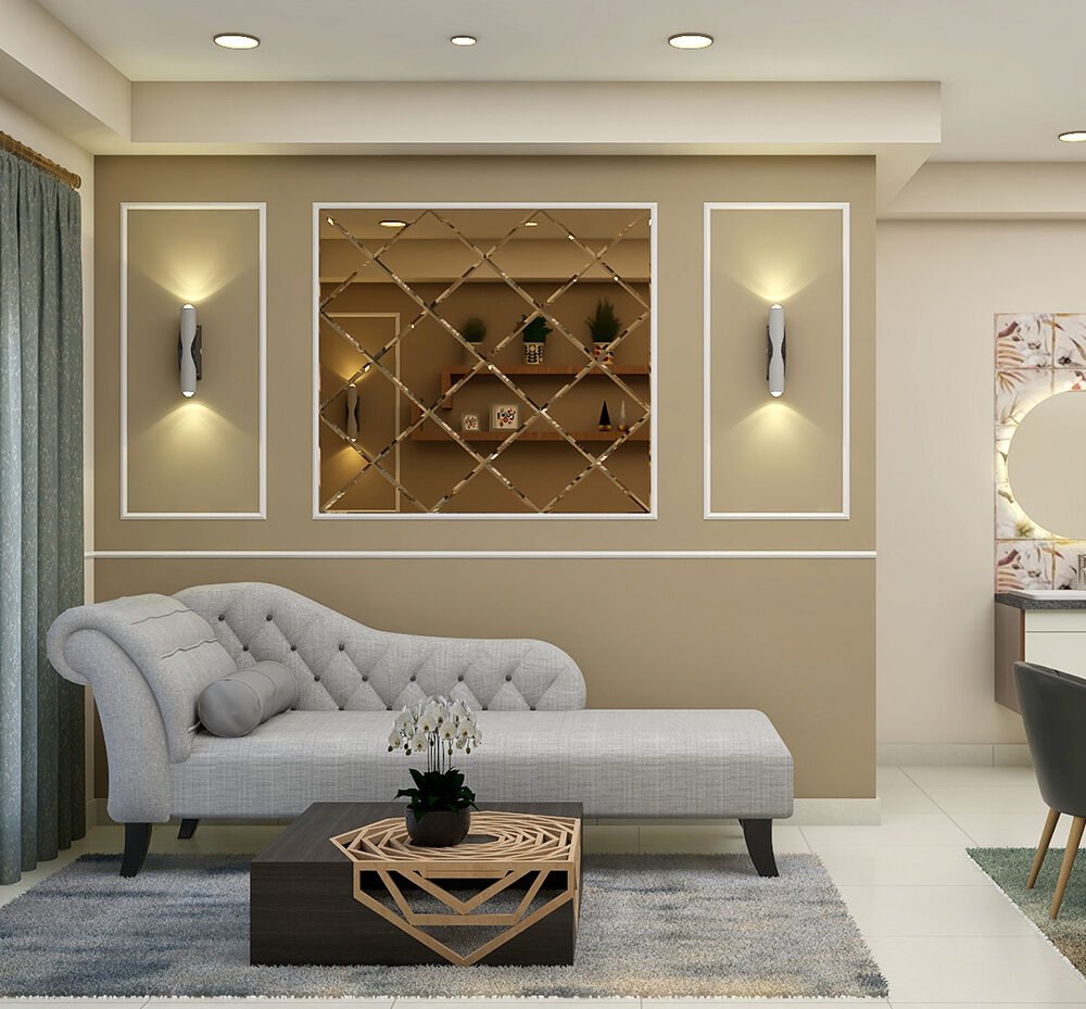 Modern Living Room Design with Grey Sofa and Wall Trim