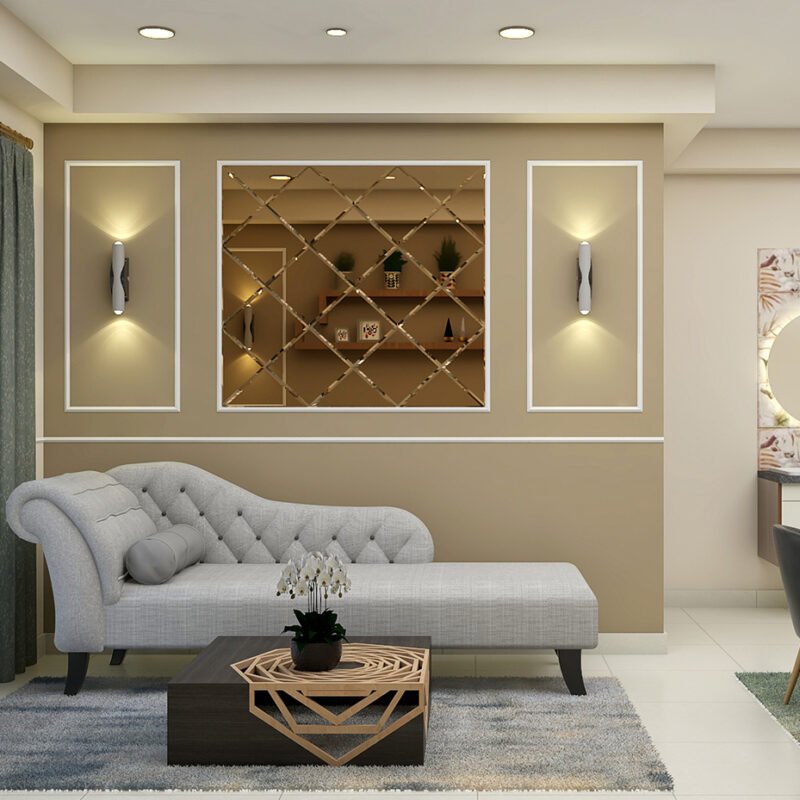 Modern Living Room Design with Grey Sofa and Wall Trim