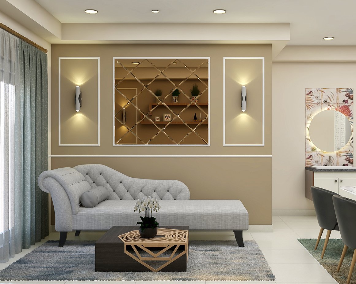 Modern Living Room Design with Grey Sofa and Wall Trim