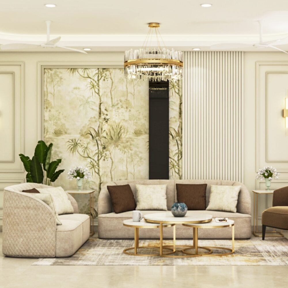 Contemporary Living Room Design with Curved Sofas and Marble Coffee Table