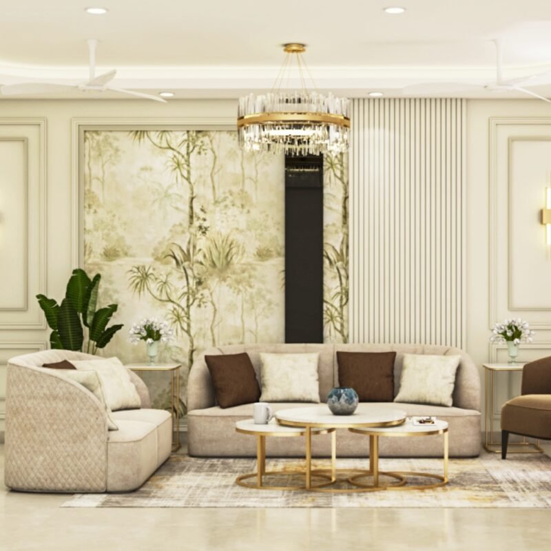 Contemporary Living Room Design with Curved Sofas and Marble Coffee Table