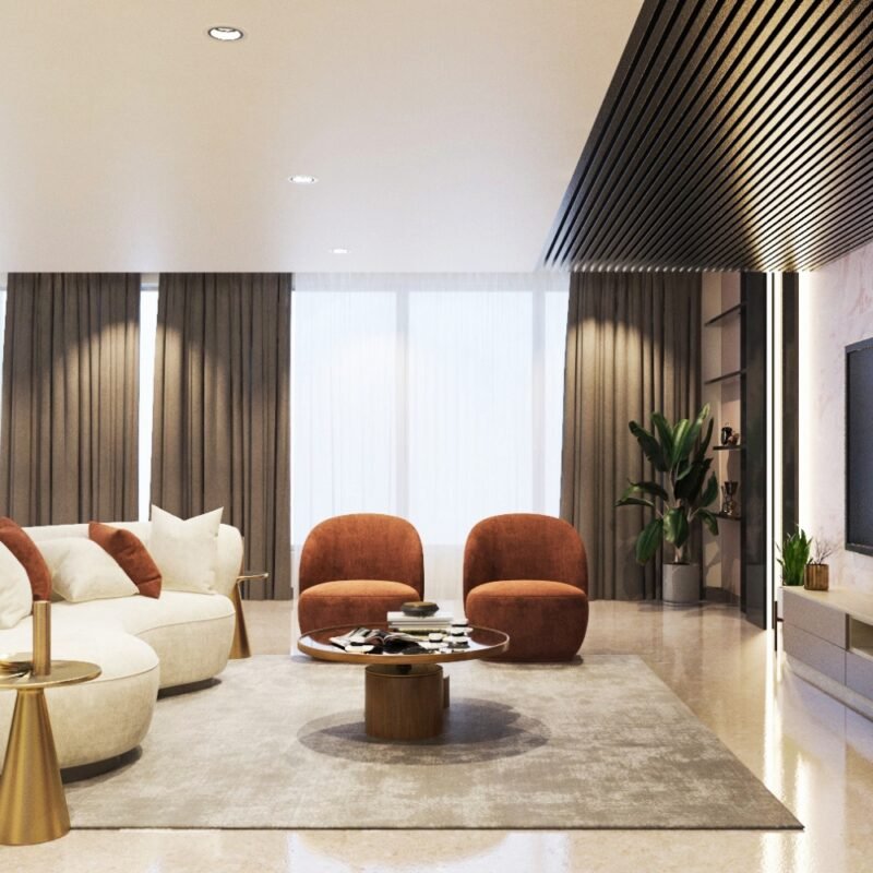 Modern Living Room Design with Blue and Beige Upholstery Furniture