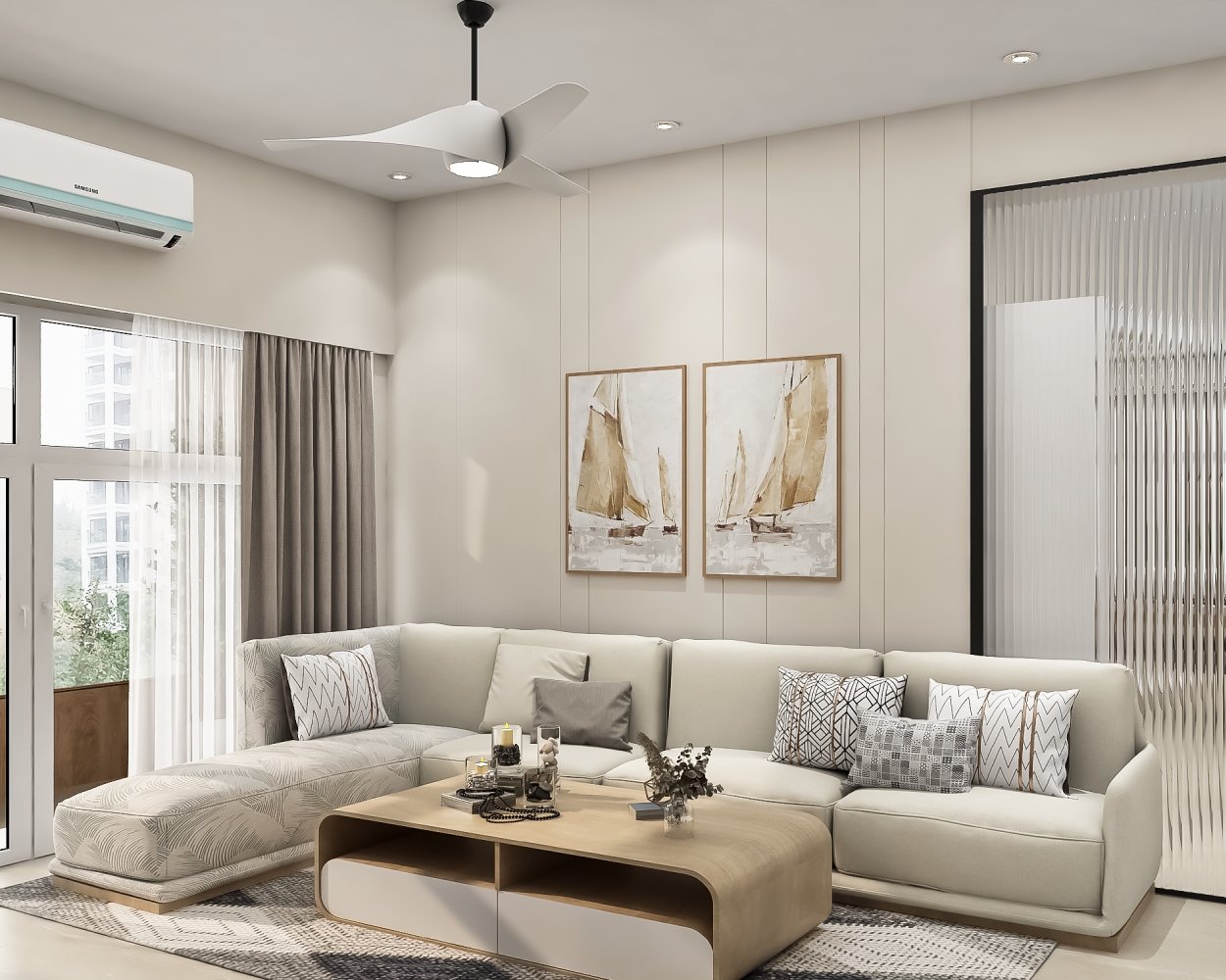 Modern Living Room Design with Floral Sectional Sofa and Coffee Table