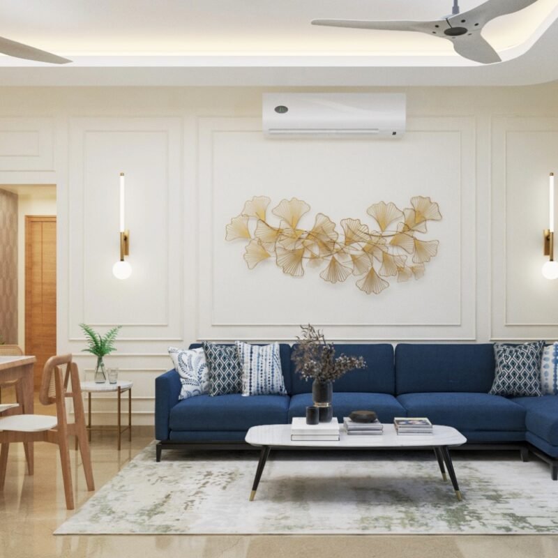 Contemporary Living Room Design with L-Shape Sofa and Marble Table