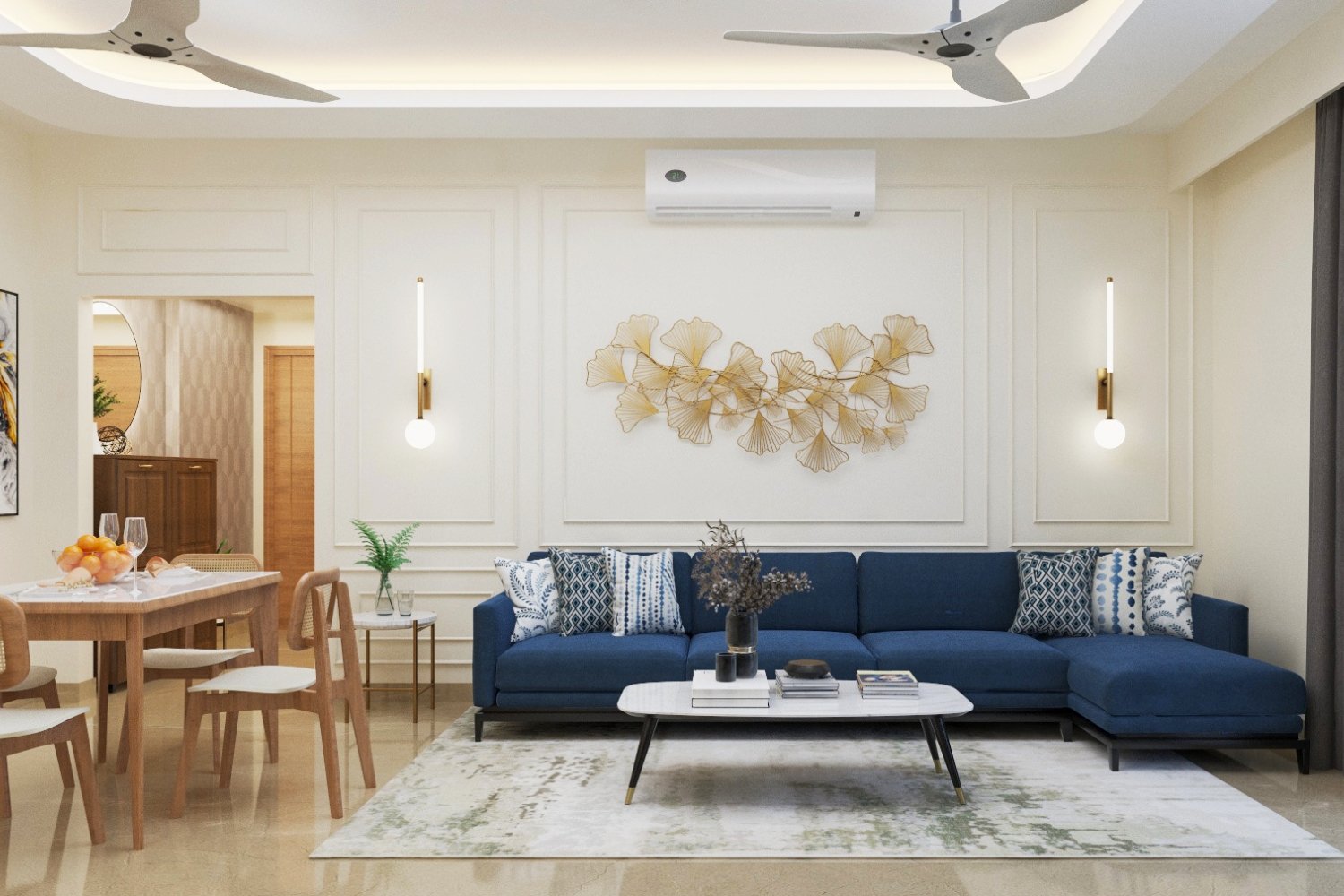 Contemporary Living Room Design with L-Shape Sofa and Marble Table