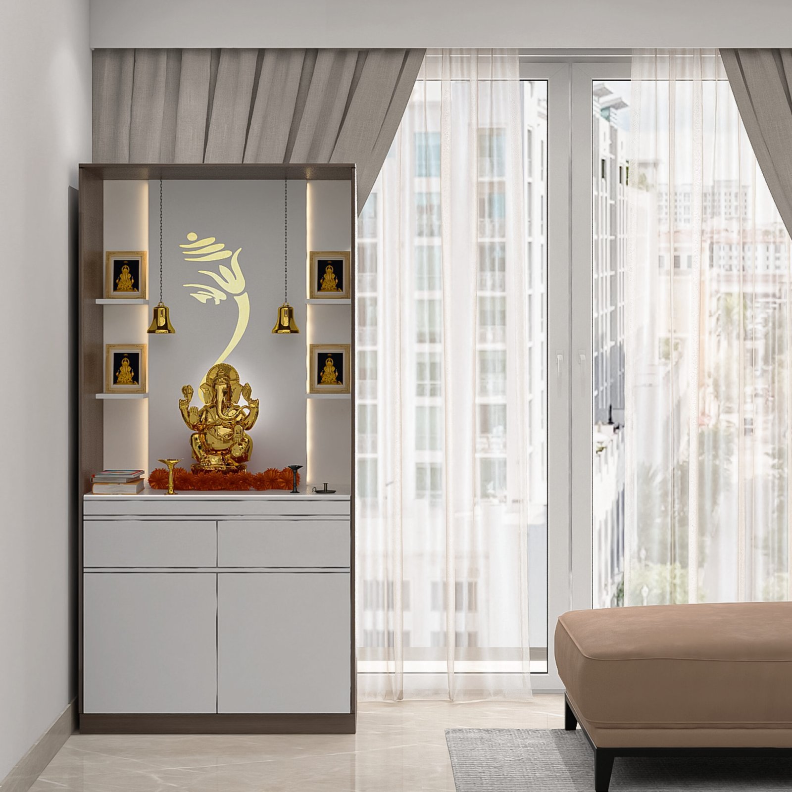 Contemporary Pooja Unit Design in White with Warm LED Lighting