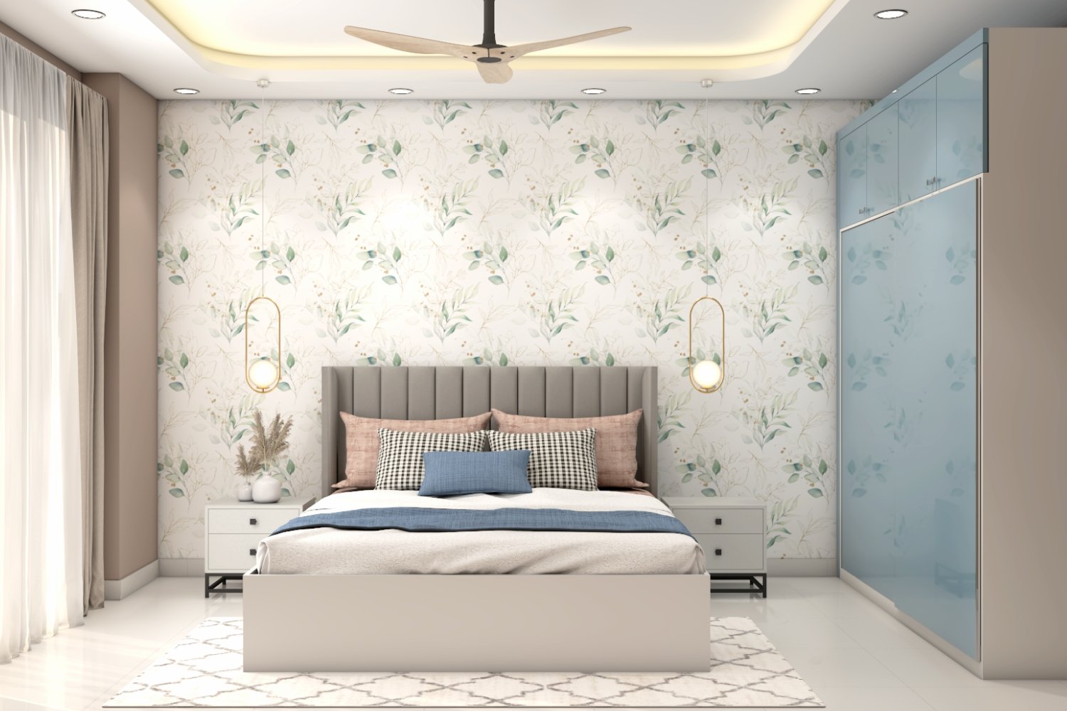 Contemporary Master Bedroom Design with Floral Wallpaper