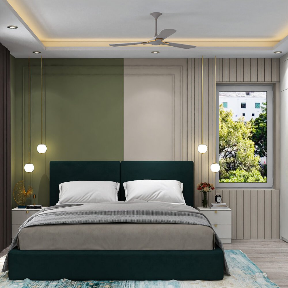 Contemporary Master Bedroom Design with Dark Green Bed