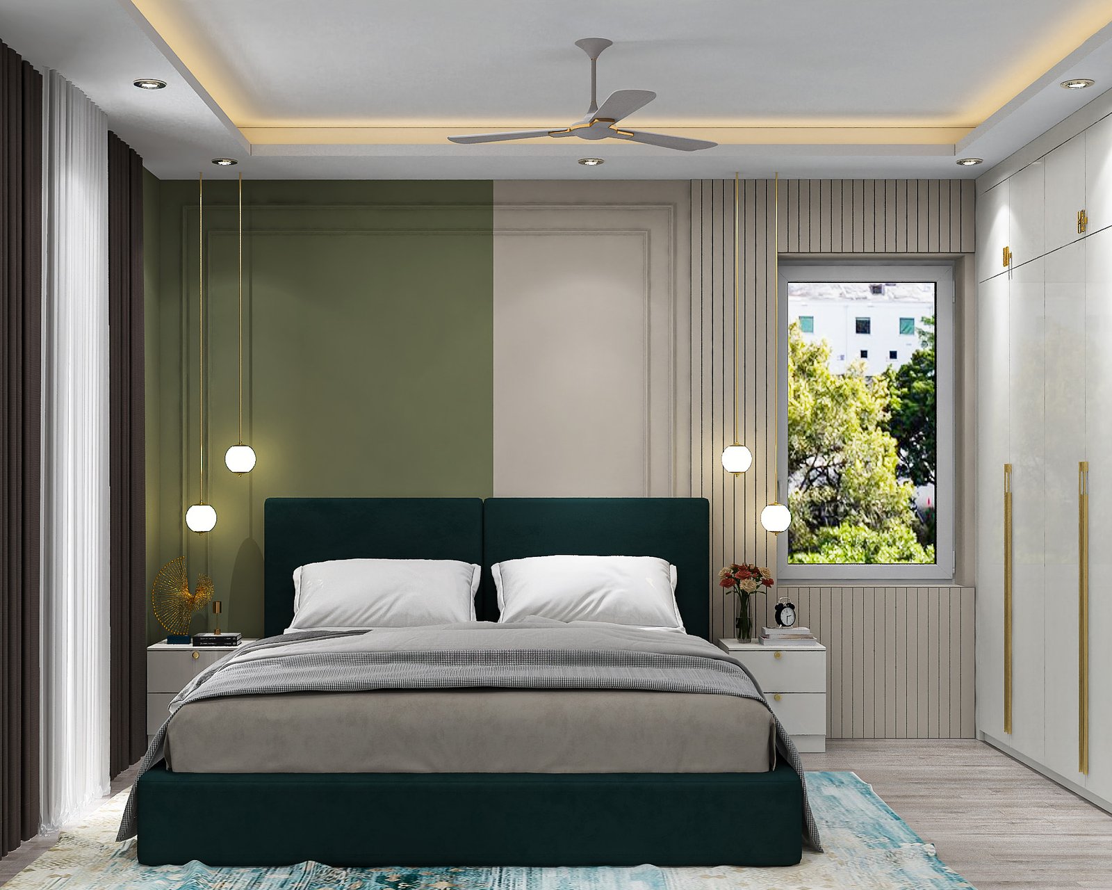 Contemporary Master Bedroom Design with Dark Green Bed