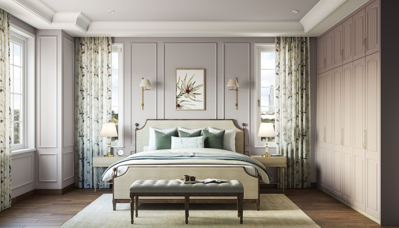 Classic Master Bedroom Design with Upholstered Bed and Side Tables