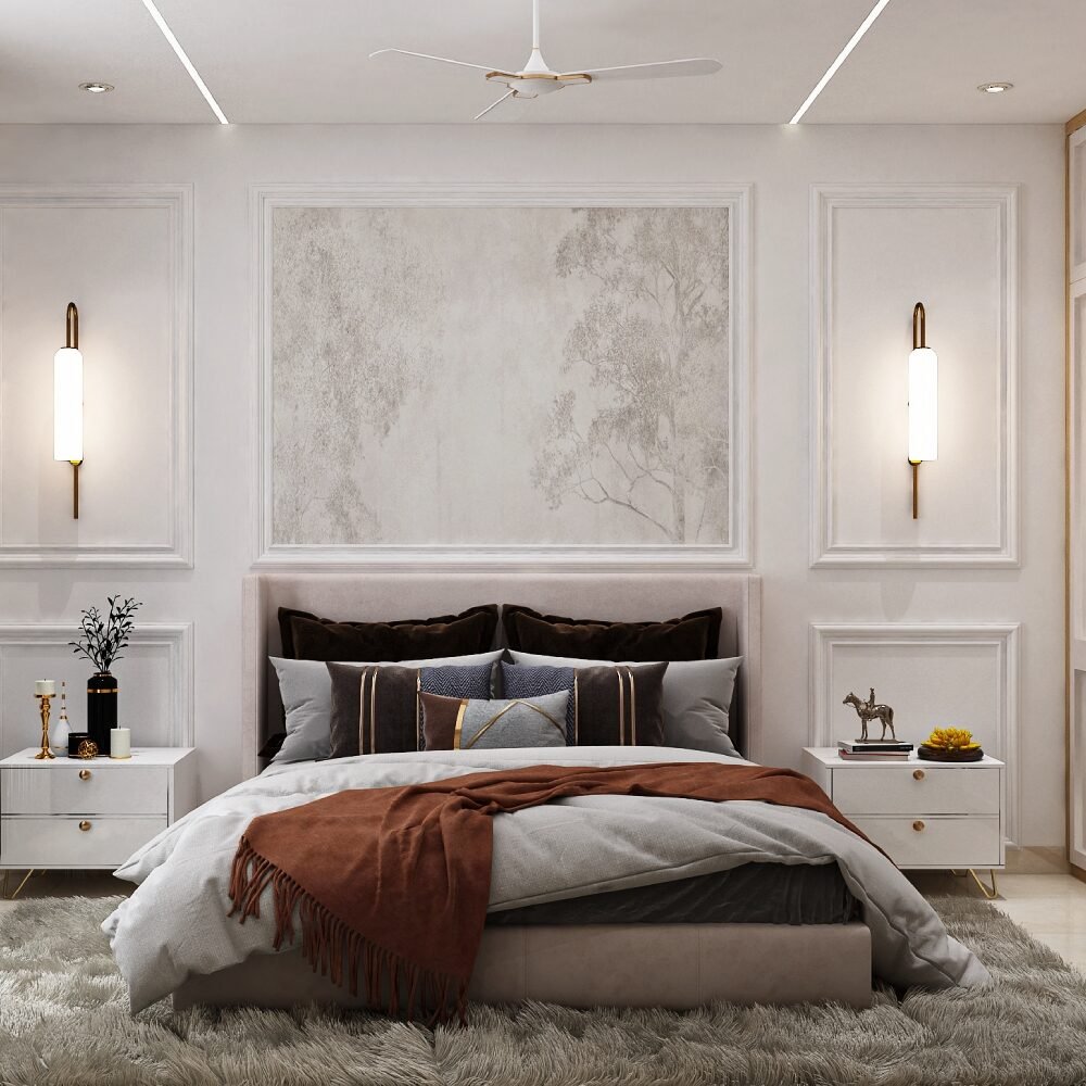 Contemporary Master Bedroom Design with Wall Trims with Wallpaper