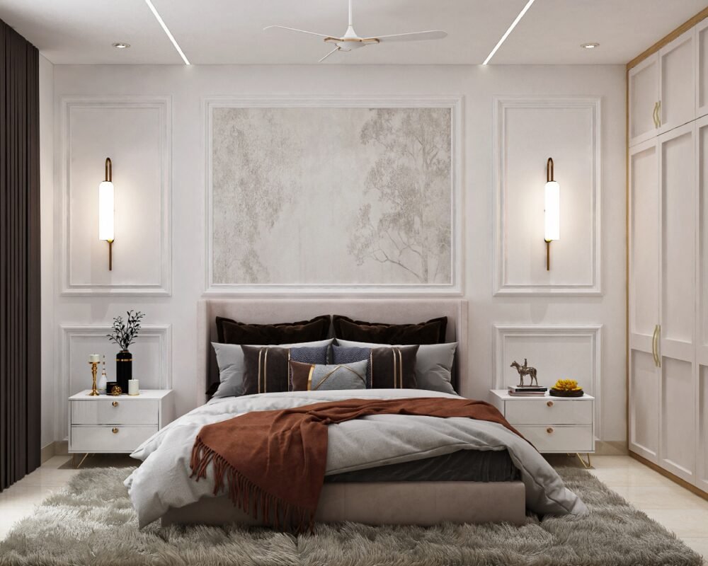 Contemporary Master Bedroom Design with Wall Trims with Wallpaper - MAK ...