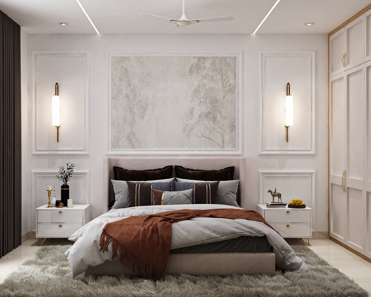 Contemporary Master Bedroom Design with Wall Trims with Wallpaper