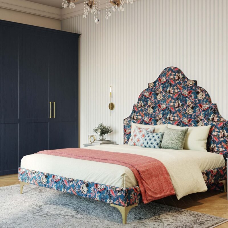 Classic Master Bedroom Design With Floral Headboard and Gold Accents
