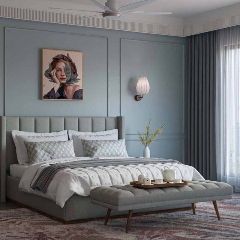 Classic Master Bedroom Design with Pastel Panels and Padded Upholstered Bed