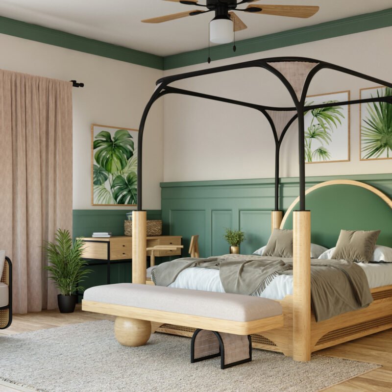 Bohemian Master Bedroom Design with Canopy Bed and Small Workspace