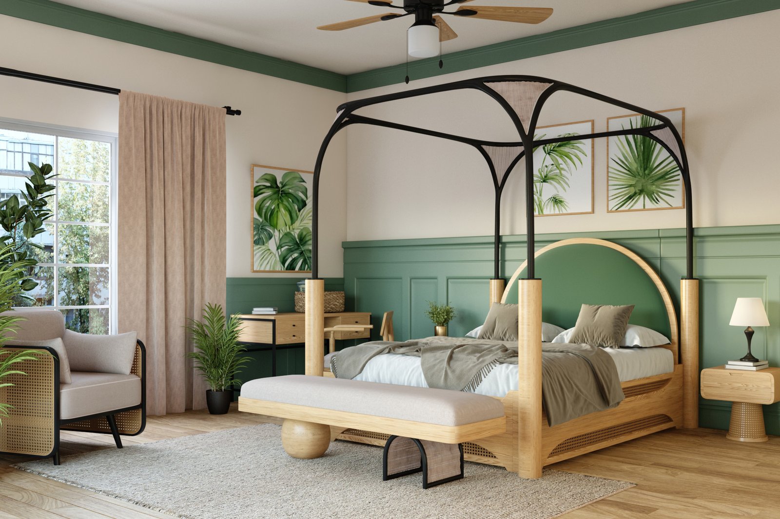 Bohemian Master Bedroom Design with Canopy Bed and Small Workspace