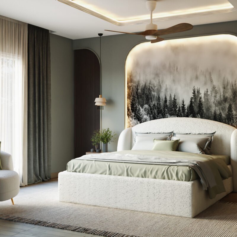 Contemporary Master Bedroom Design with Forest-Themed Mural Wallpaper