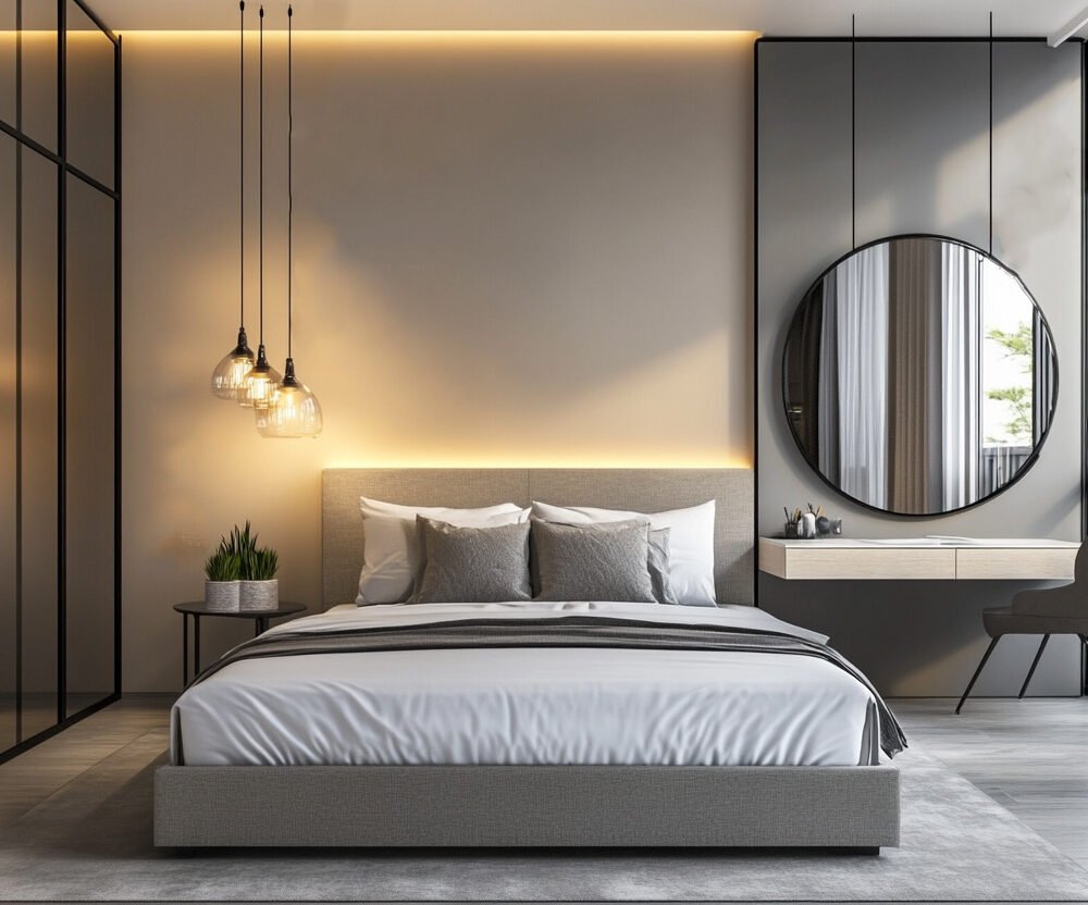 Modern Master Bedroom Design with Vanity Desk, and Plants