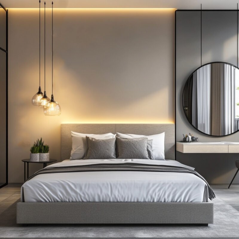 Modern Master Bedroom Design with Vanity Desk, and Plants