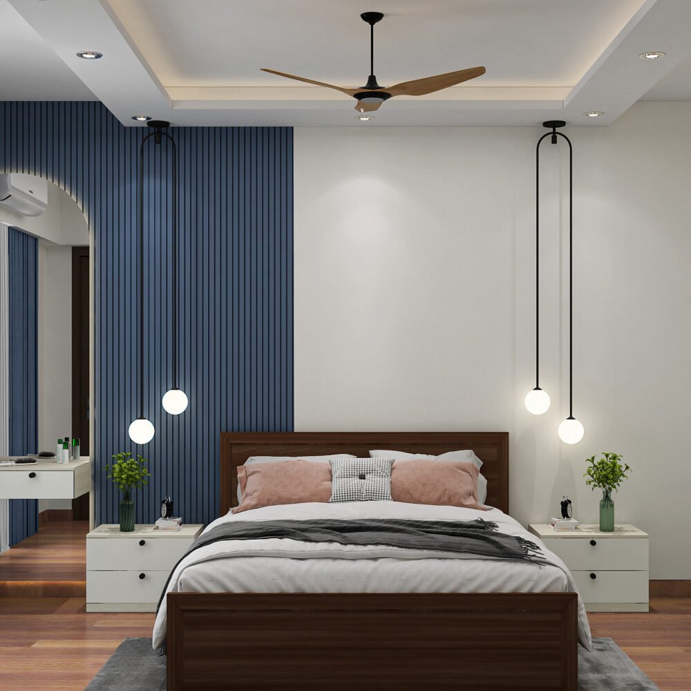 Contemporary Master Bedroom Design with Dark Blue Walls