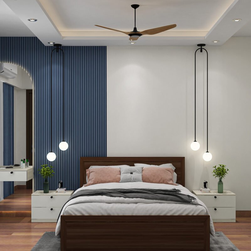 Contemporary Master Bedroom Design with Dark Blue Walls