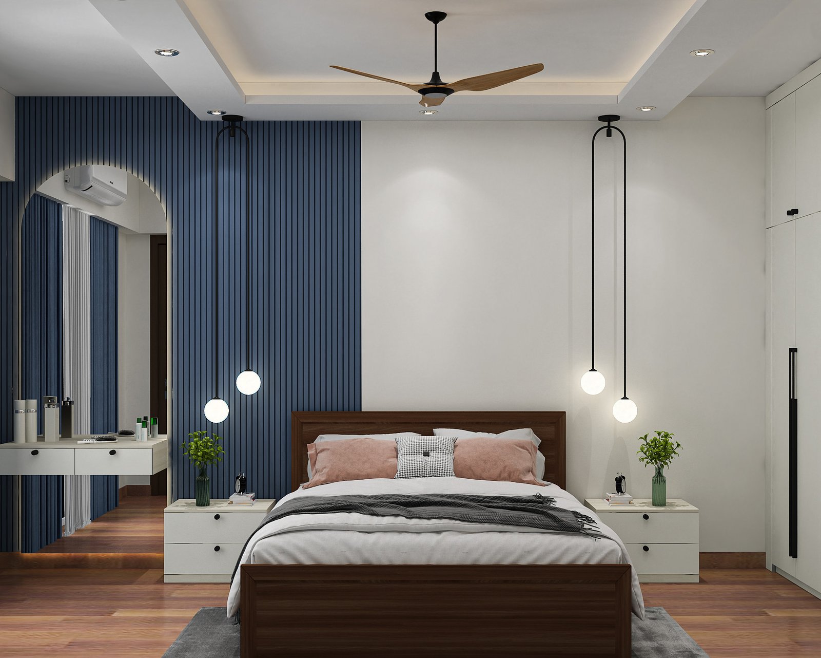 Contemporary Master Bedroom Design with Dark Blue Walls