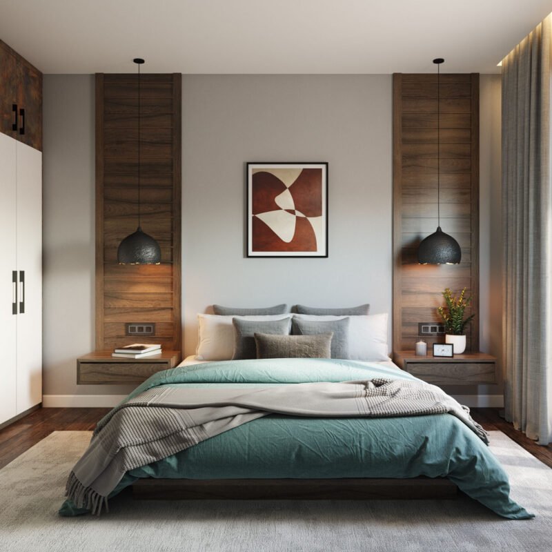 Modern Master Bedroom Design with Wooden Platform Bed