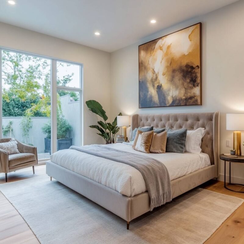 Modern Master Bedroom Design with Grey Upholstered Queen Bed