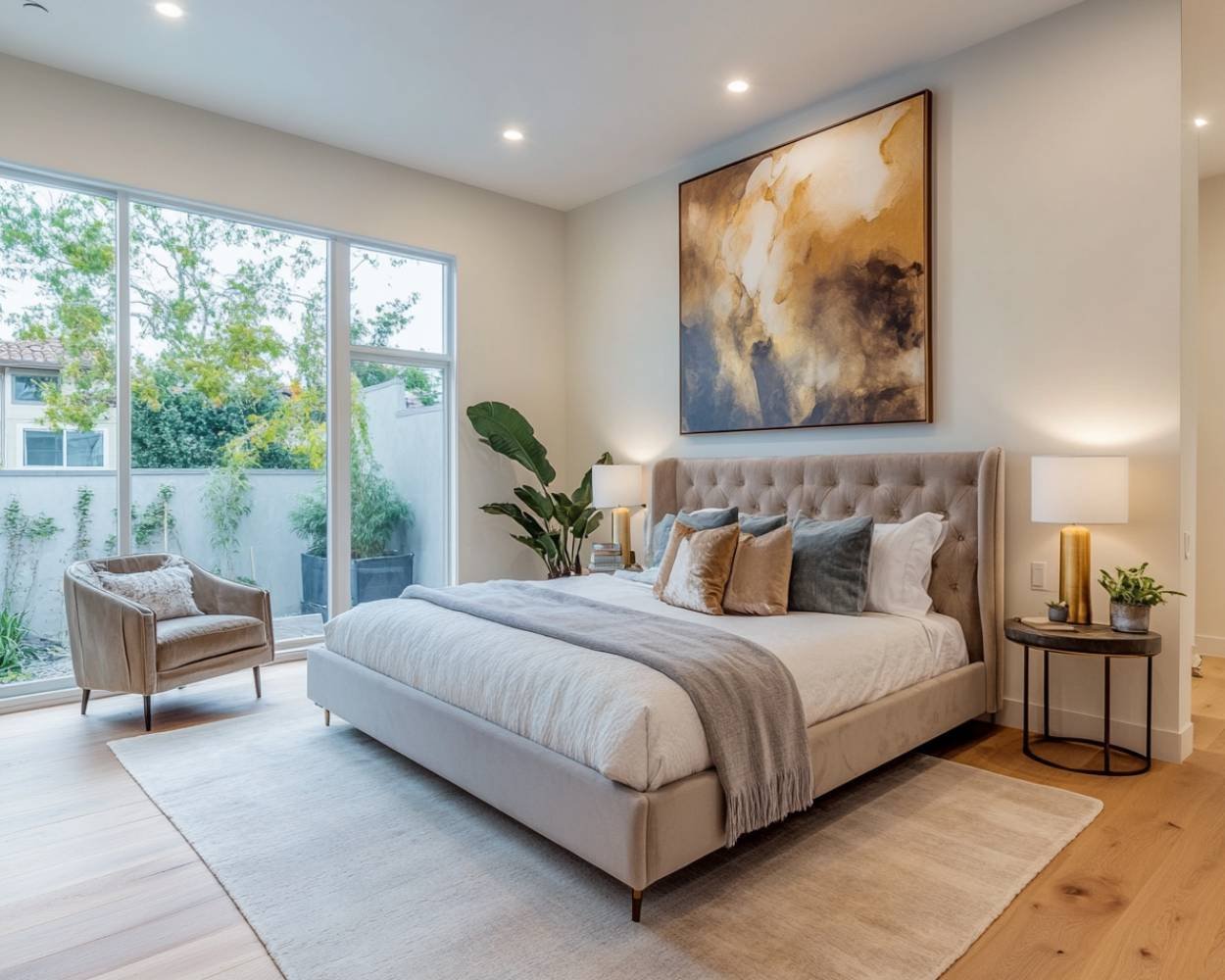 Modern Master Bedroom Design with Grey Upholstered Queen Bed