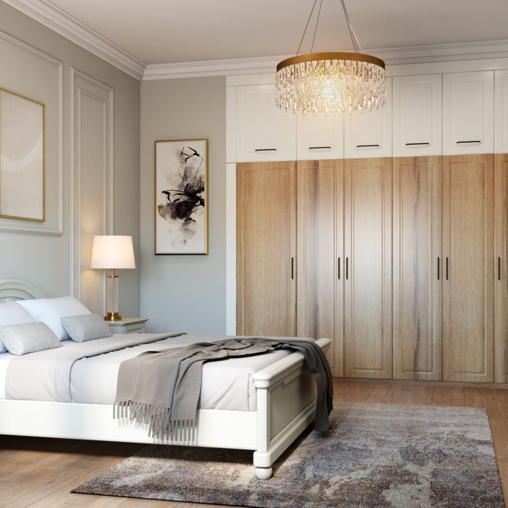 Classic Master Bedroom Design with Carved Wooden Bed and Swing Wardrobe