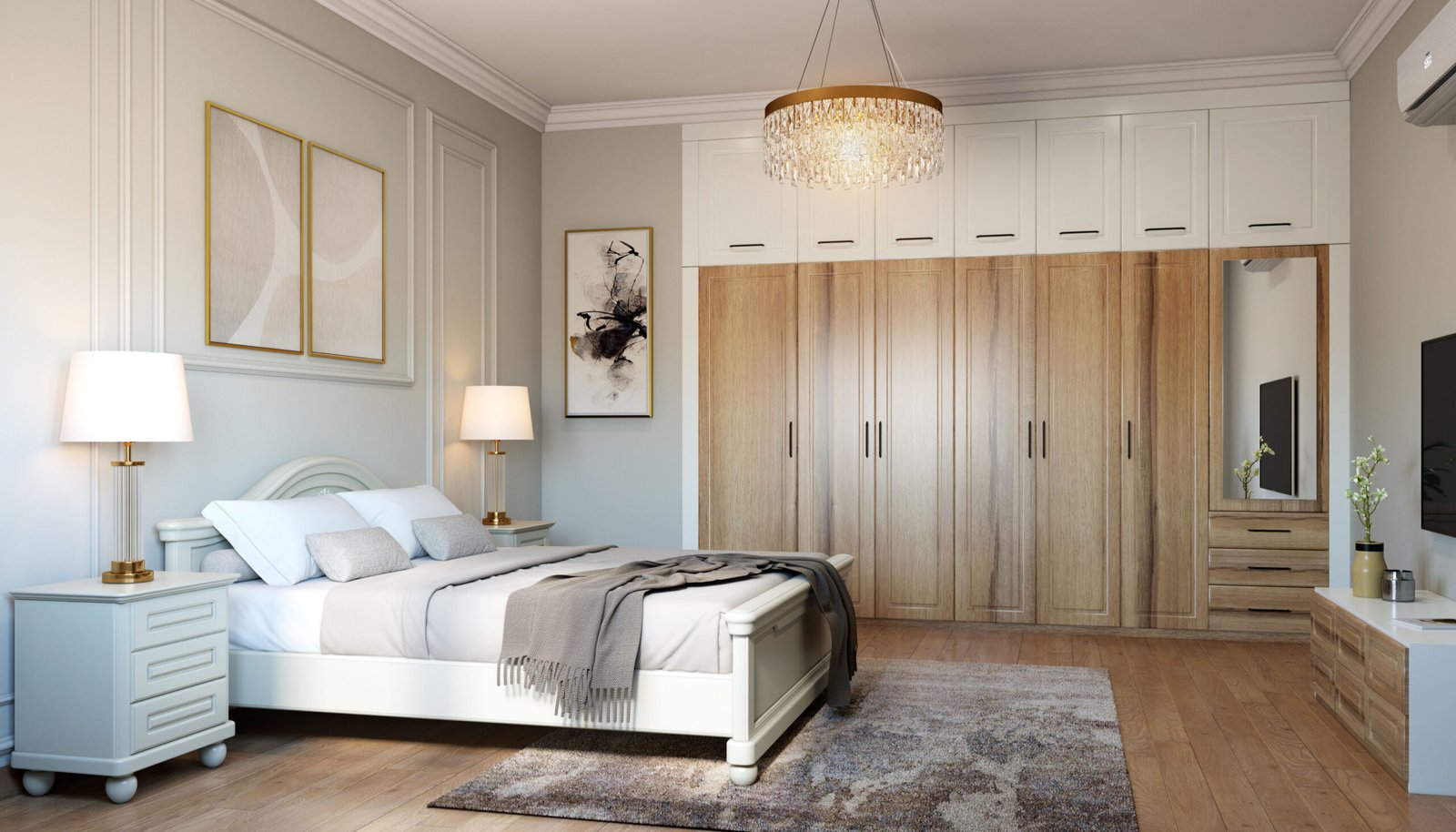 Classic Master Bedroom Design with Carved Wooden Bed and Swing Wardrobe