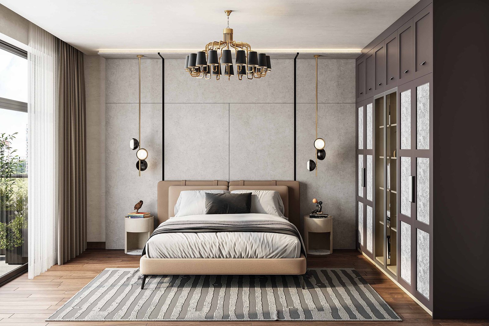 Modern Master Bedroom Design with Textured Panels and Matte Wardrobe