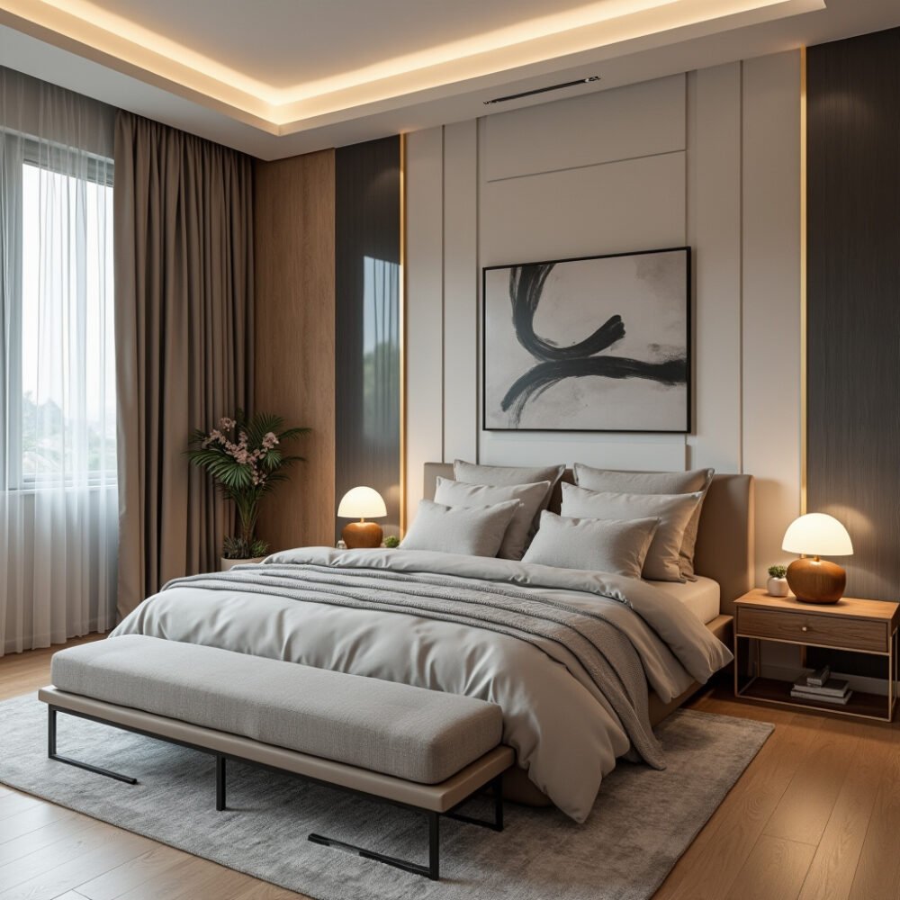 Contemporary Master Bedroom Design with Beige Headboard King Bed