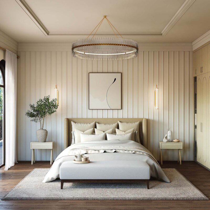 Minimal Master Bedroom Design with Arched Glass and Wood Details