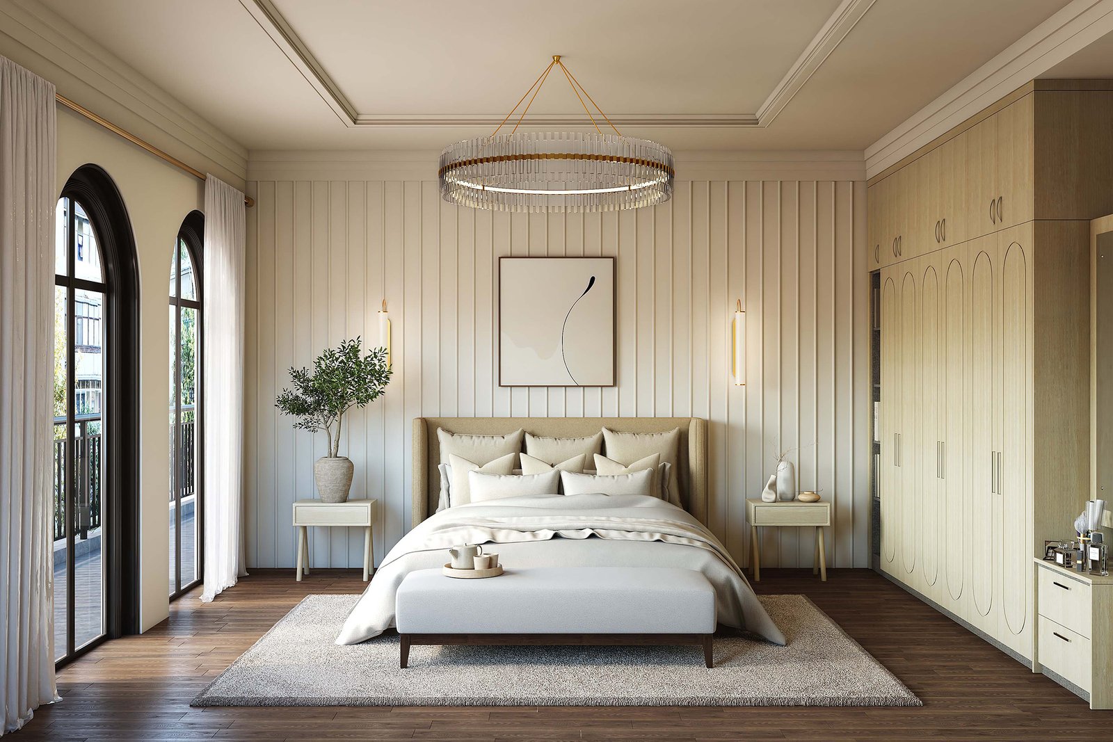 Minimal Master Bedroom Design with Arched Glass and Wood Details