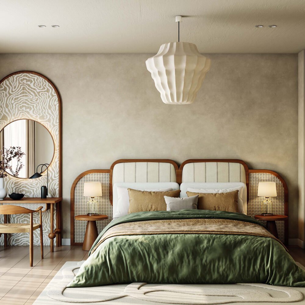 Bohemian Master Bedroom Design with Rattan Accents and Organic Textures