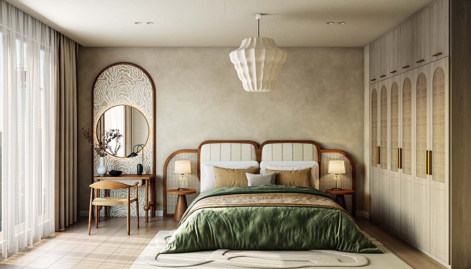 Bohemian Master Bedroom Design with Rattan Accents and Organic Textures