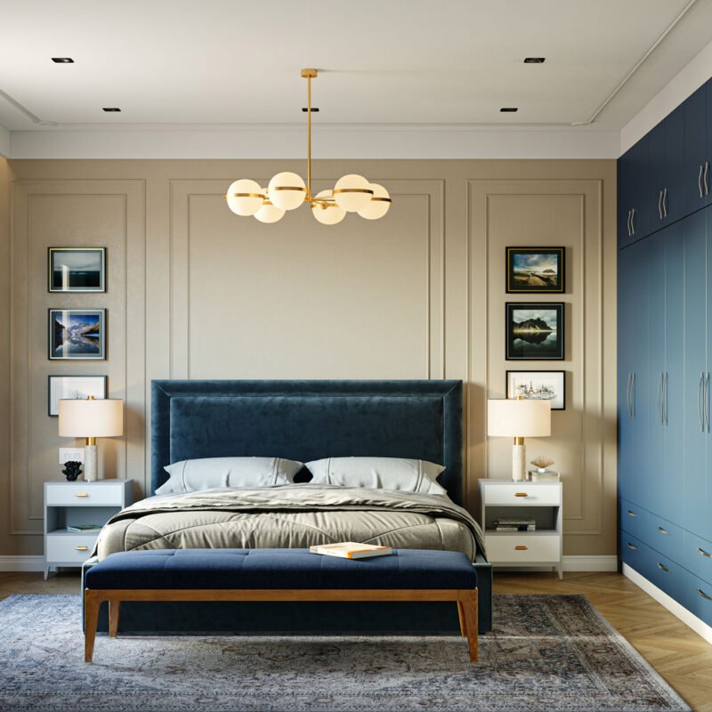 Classic Master Bedroom Design with Vanity and Panelled Walls