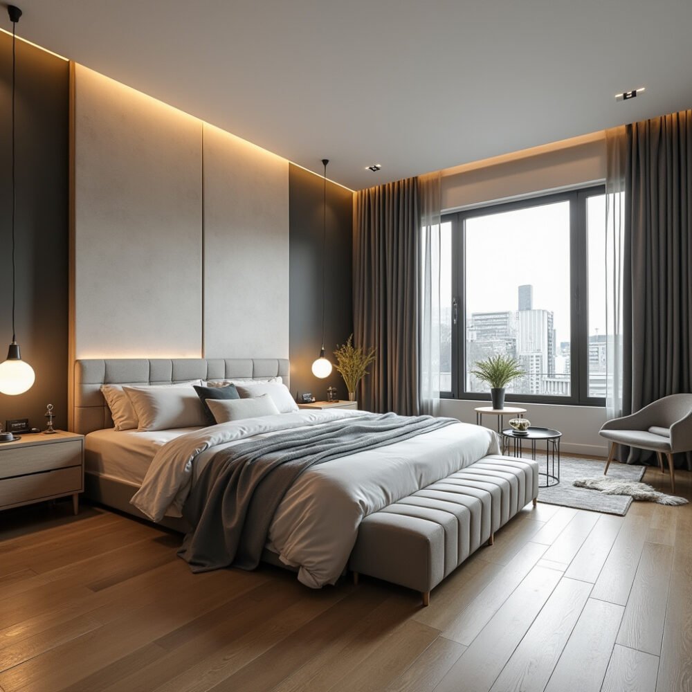 Modern Master Bedroom Design with Wooden Nightstands and Accent Chair