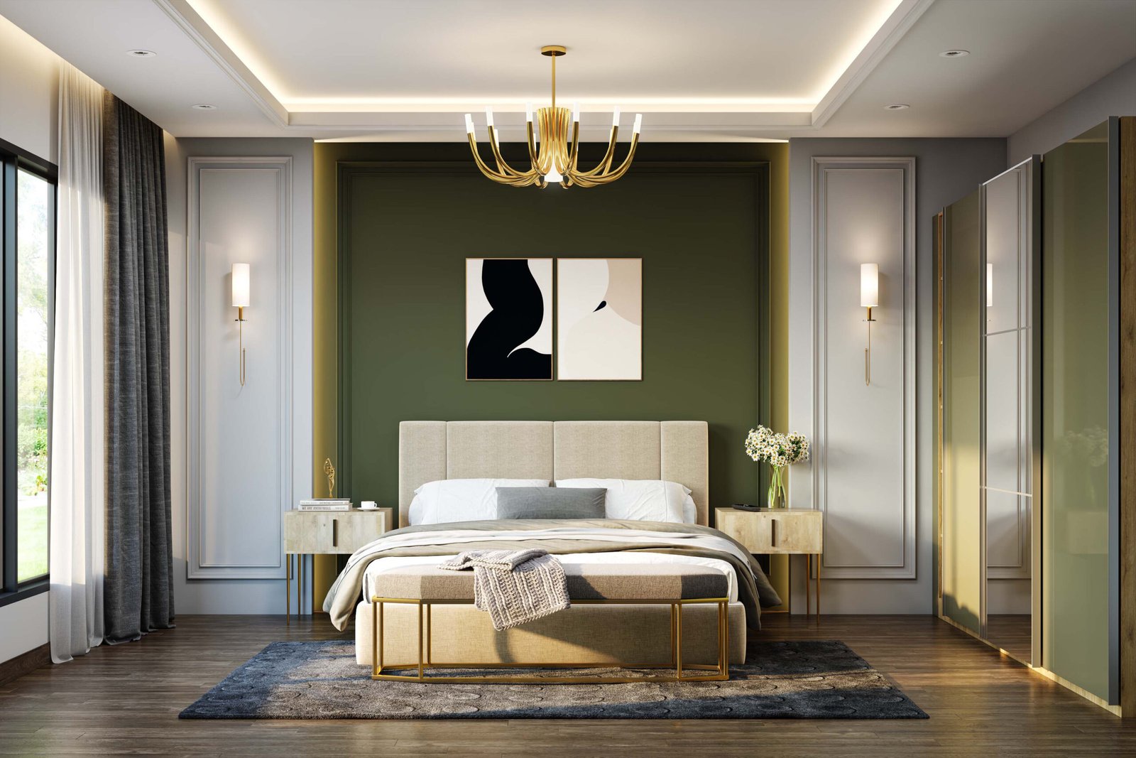 Classic Master Bedroom Design with High-padded Headboard Bed
