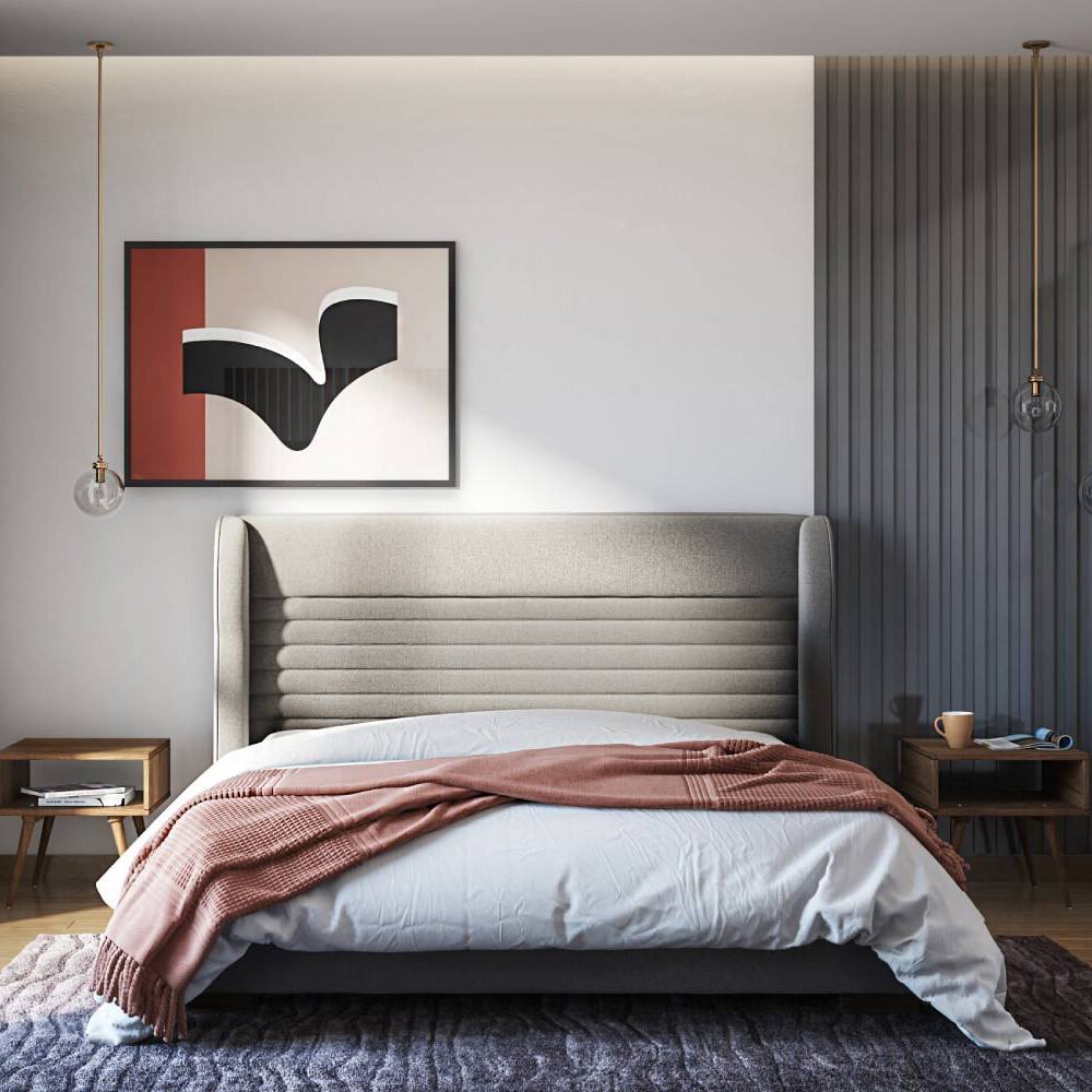 Contemporary Master Bedroom Design with Queen Bed and Geometric Art